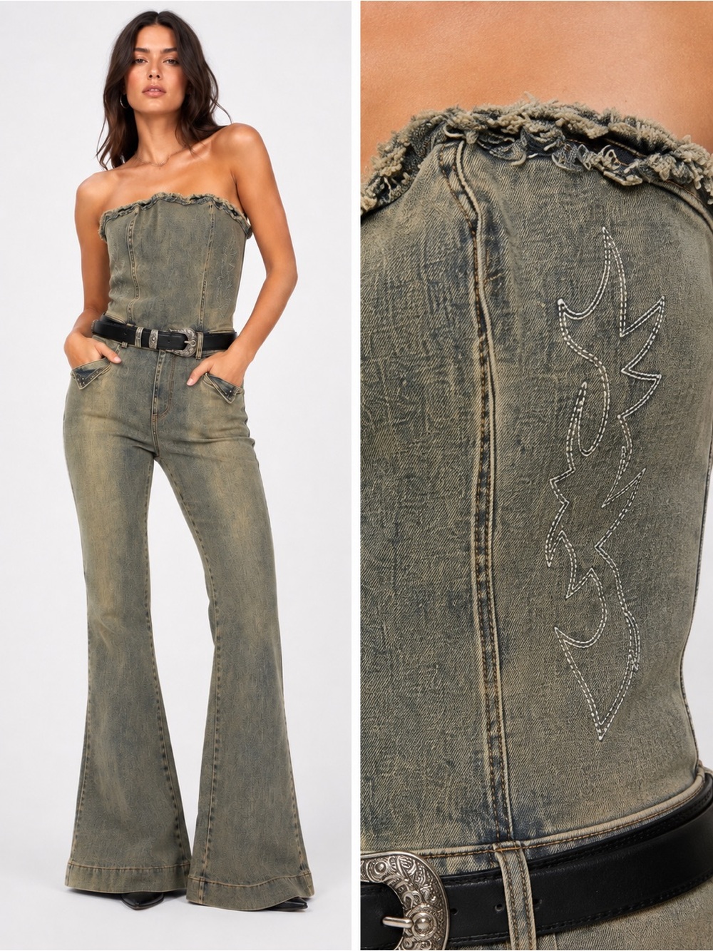 REHAB LAB Strapless Denim Corset Flare Jumpsuit Belted Embroidered Detail Blue M